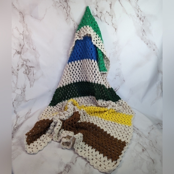Vintage Crochet Blanket Throw Afghan Retro Brown Yellow Cream Blue Boho Stripe - Picture 9 of 13